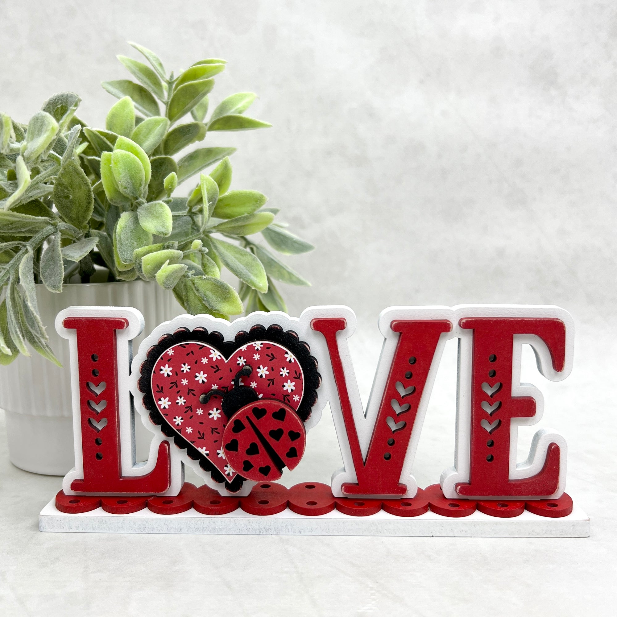 Love word wood decor DIY craft kit with heart and ladybug for valentines day and all year round.