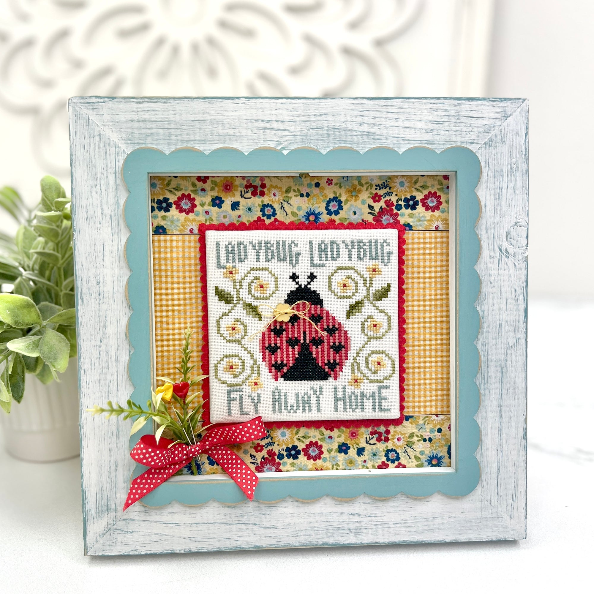 Ladybug DIY Cross Stitch Display Frame with Fabric and Cross Stitch Pattern