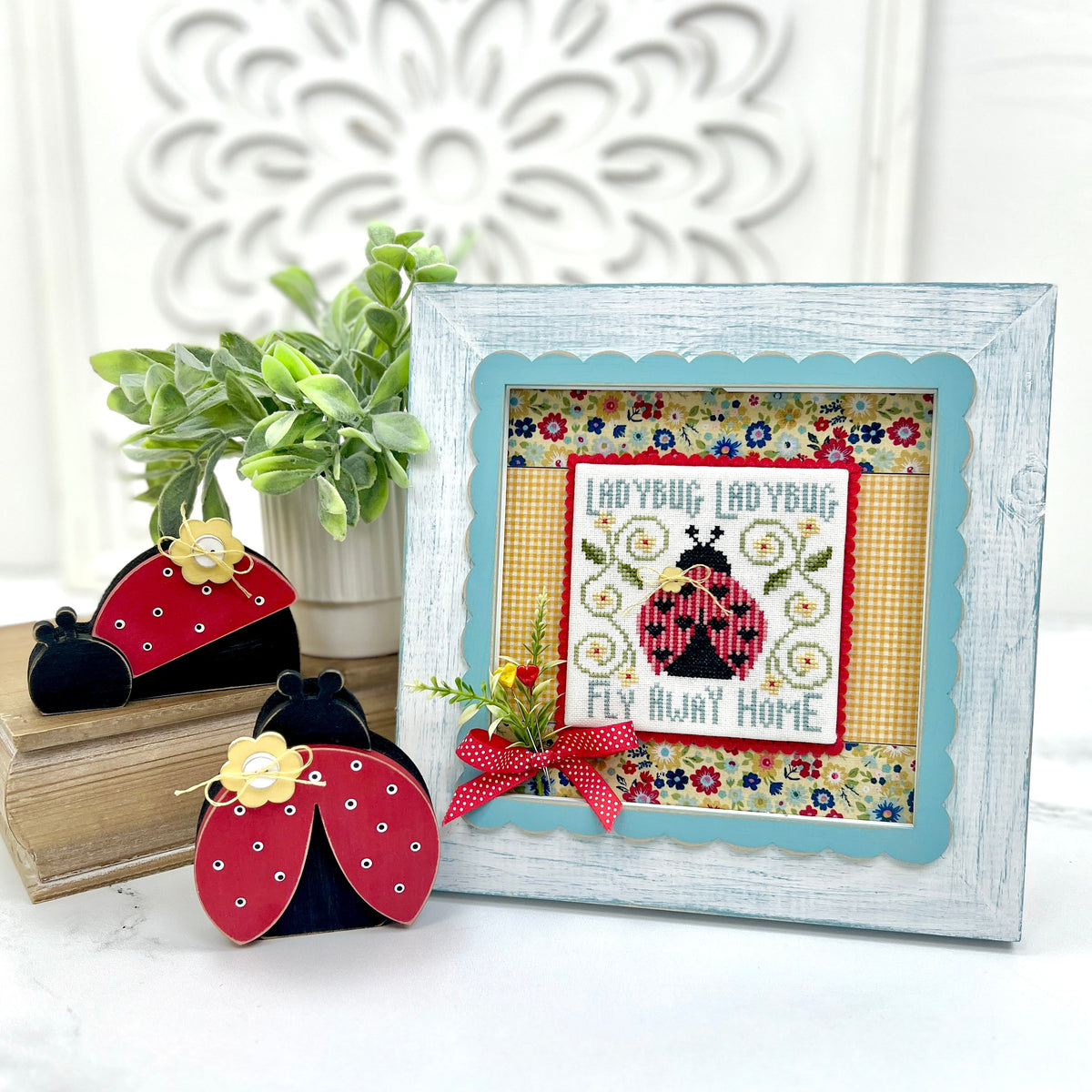 Ladybug DIY Cross Stitch Display Frame with Fabric and Cross Stitch Pattern Cross stitch display