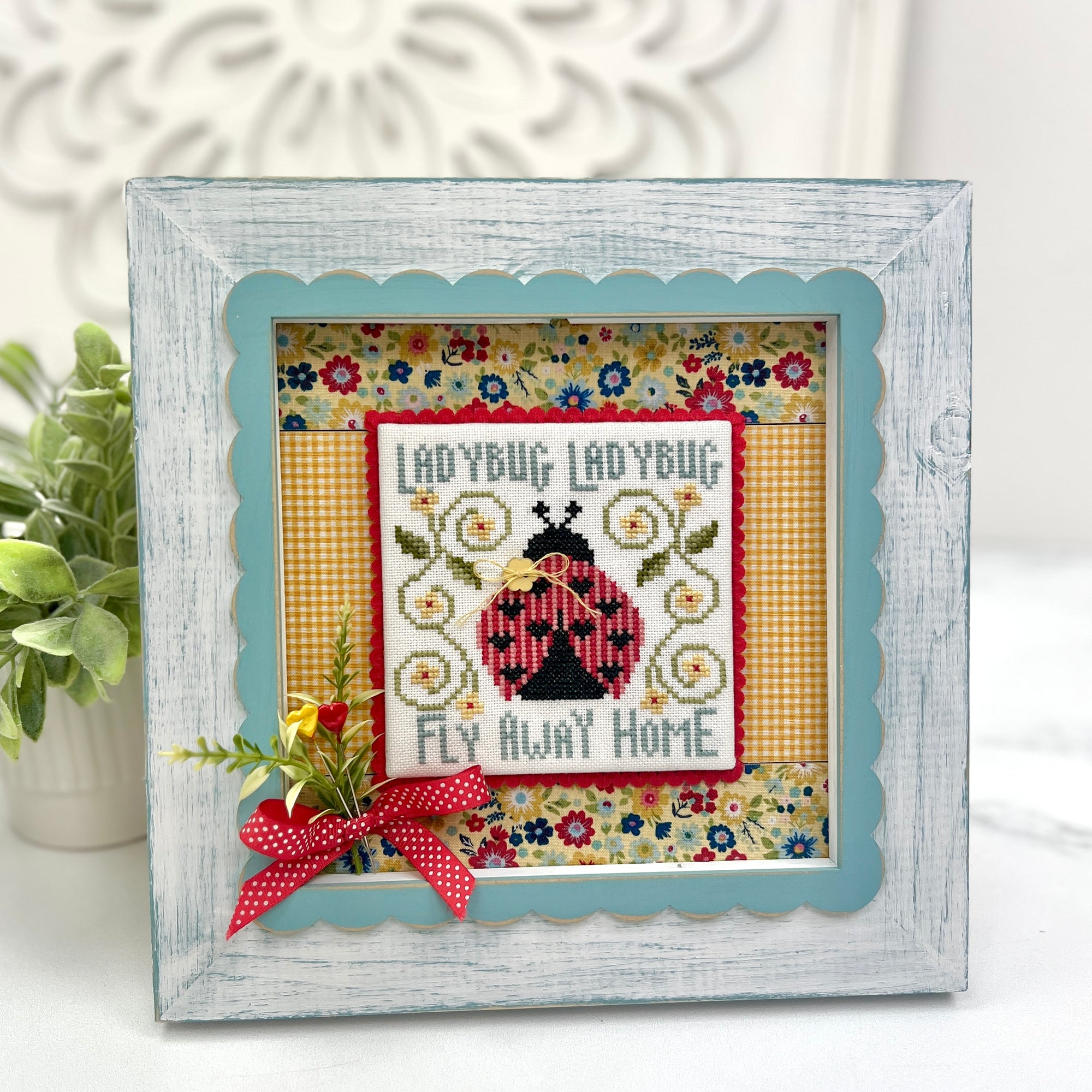 Ladybug DIY Cross Stitch Display Frame with Fabric Quilted Inset and Cross Stitch Pattern