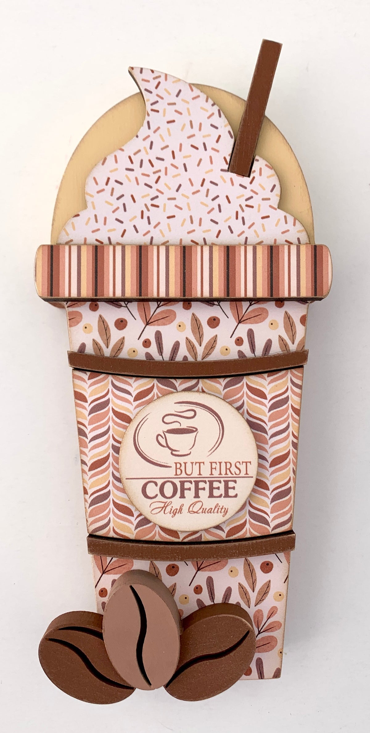 Wood latte coffee cup with &quot;but first coffee&quot; label for decorating tiered trays or coffee bar