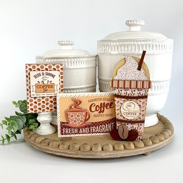 wood latte coffee cup craft kit decoration for decorating tiered trays or coffee bar.