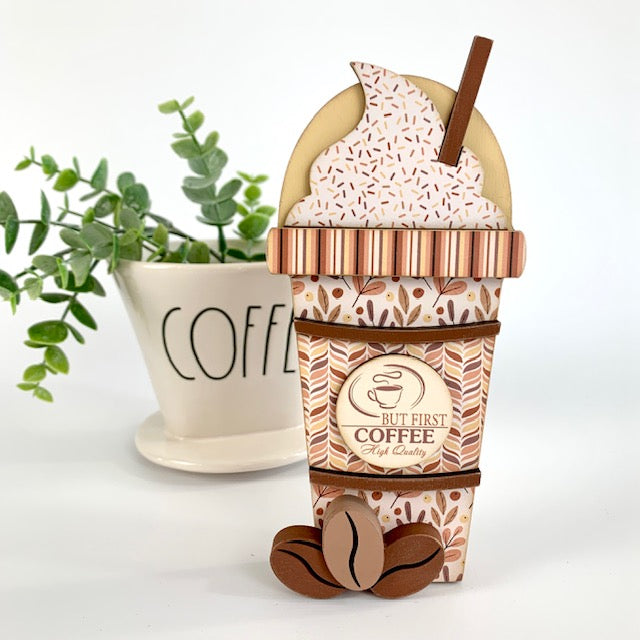 Latte coffee cup wood decoration for tiered tray or coffee bar. 