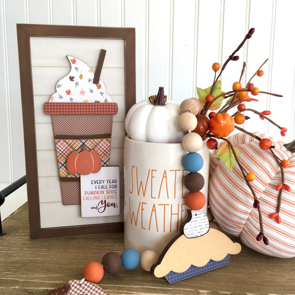 Rae Dunn Sweater Weather candle with wood shiplap sign with pumpkin and fall latte cup, wood sign for fall and thanksgiving tiered tray decor, fall and thanksgiving home decor.  DIY Wood crafts 