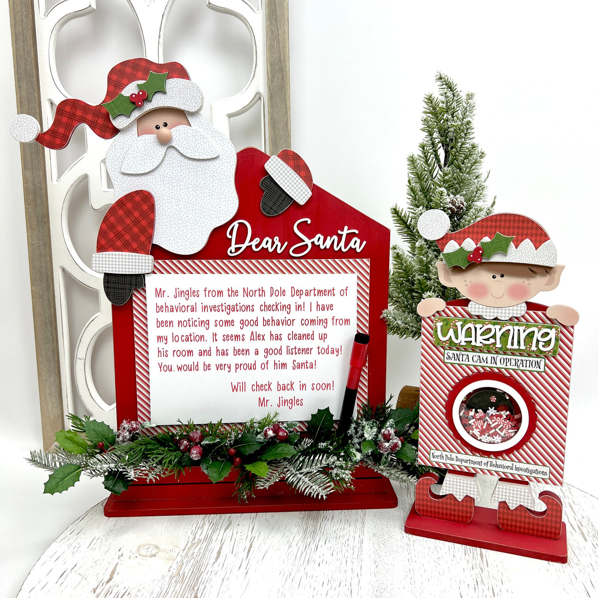Elf cam wood decoration with Santa dry erase board to write letters to Santa.