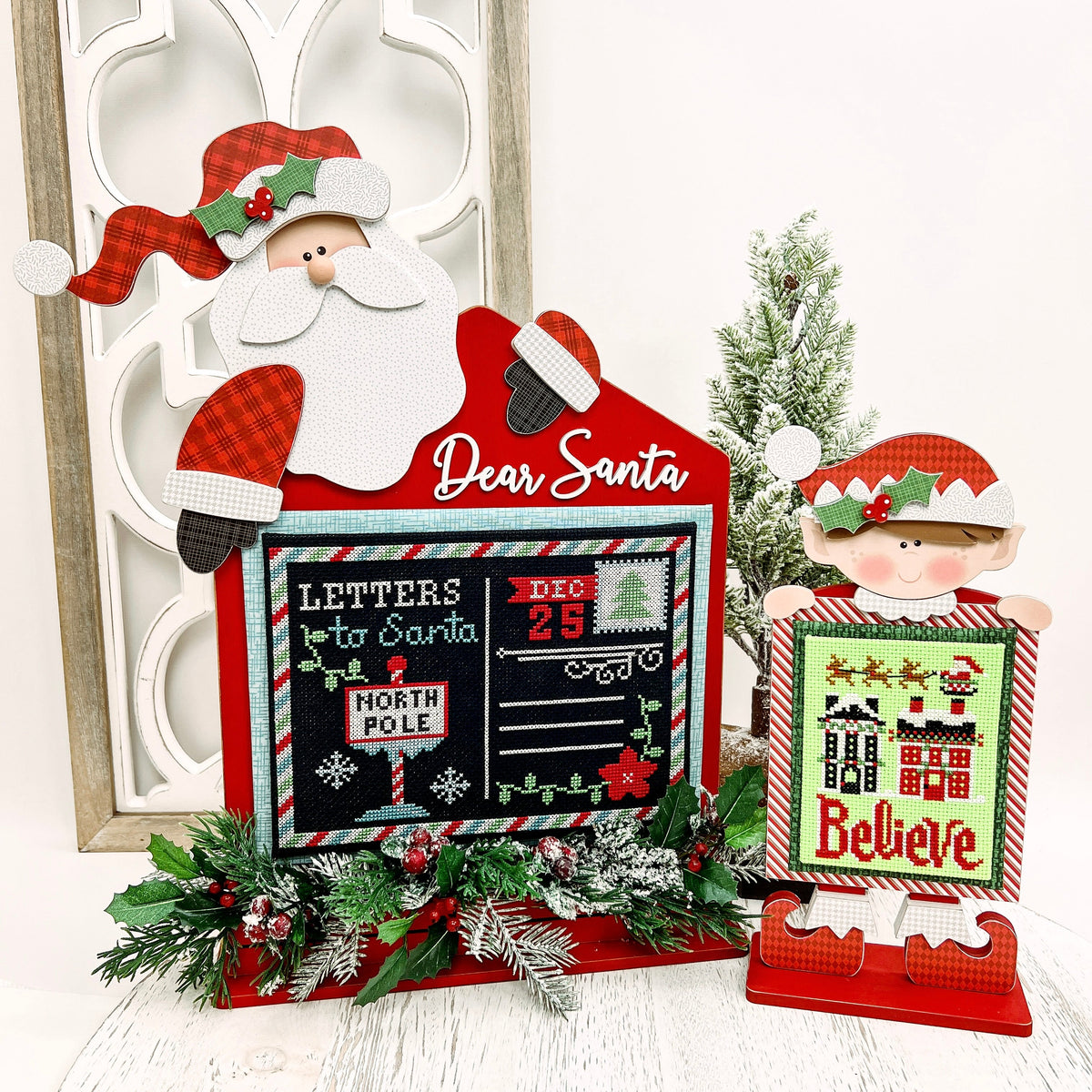 Santa with envelope and elf wood cross stitch display backers
