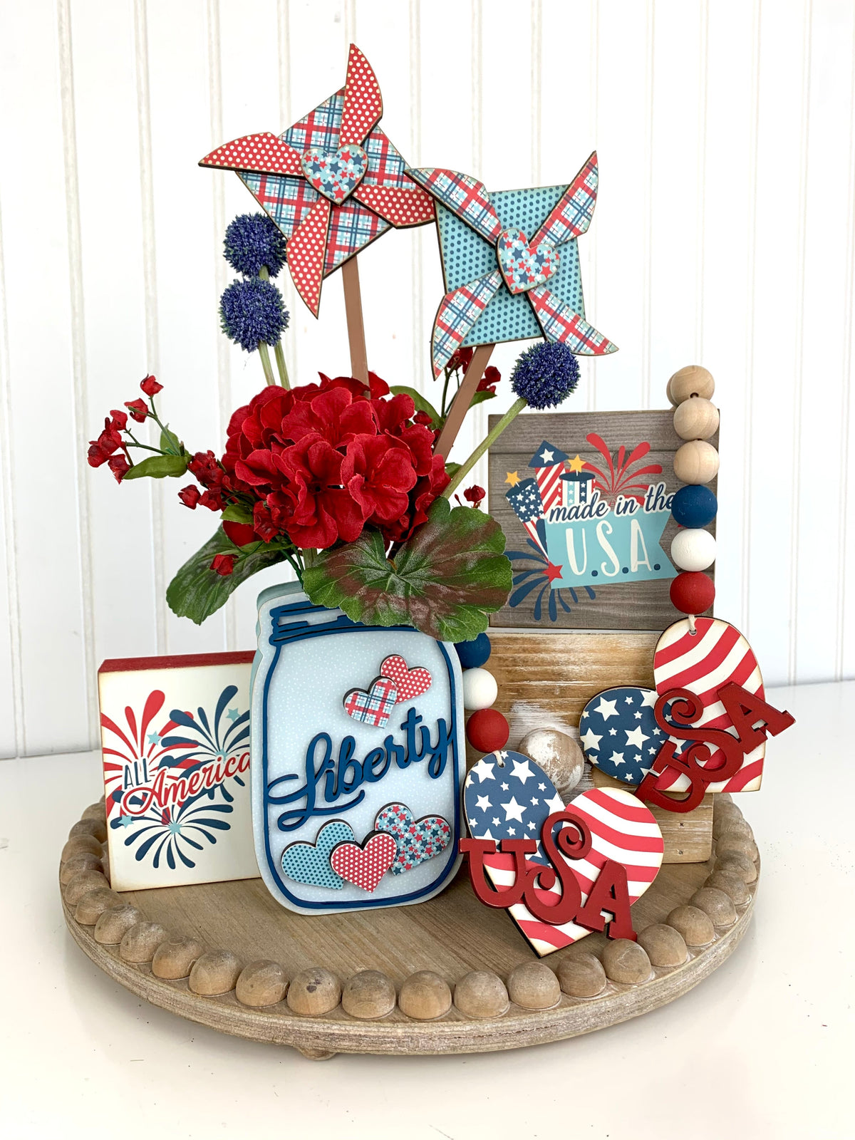 Liberty wood mason jar DIY wood decor craft kit with patriotic pinwheels and blocks