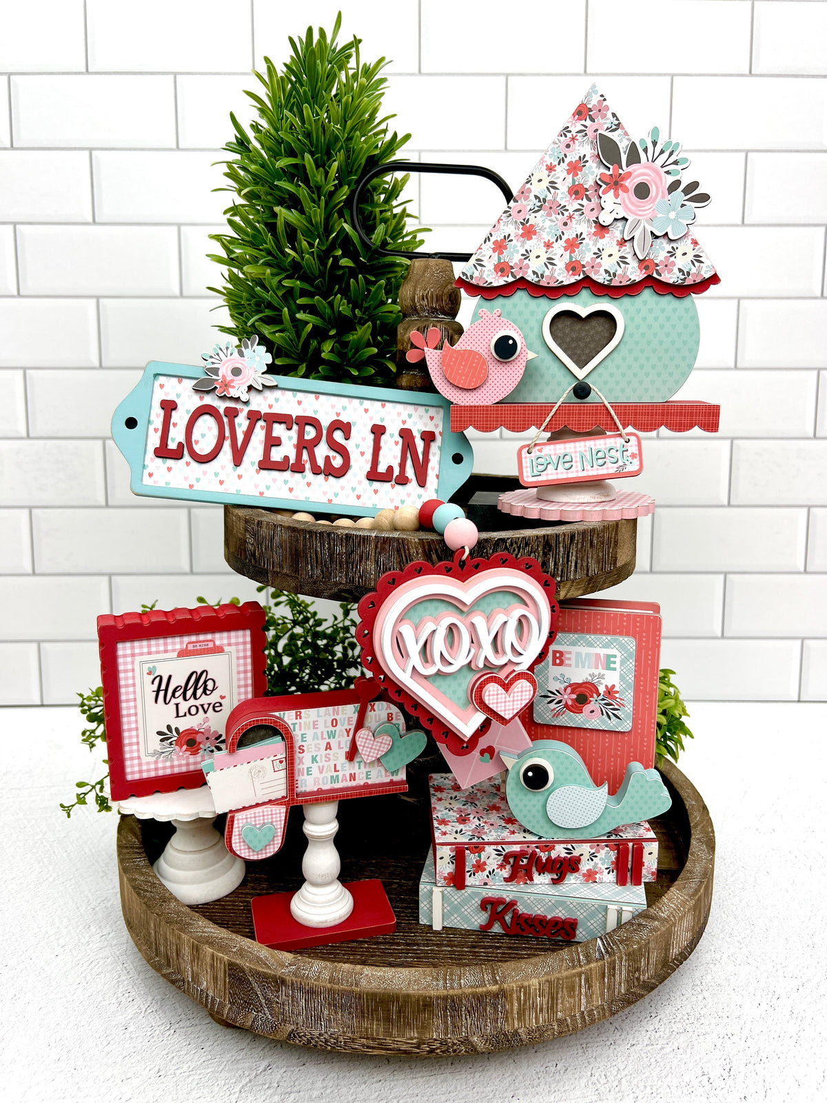 Red, pink, and blue Valentine birdhouse theme wood tiered tray decor