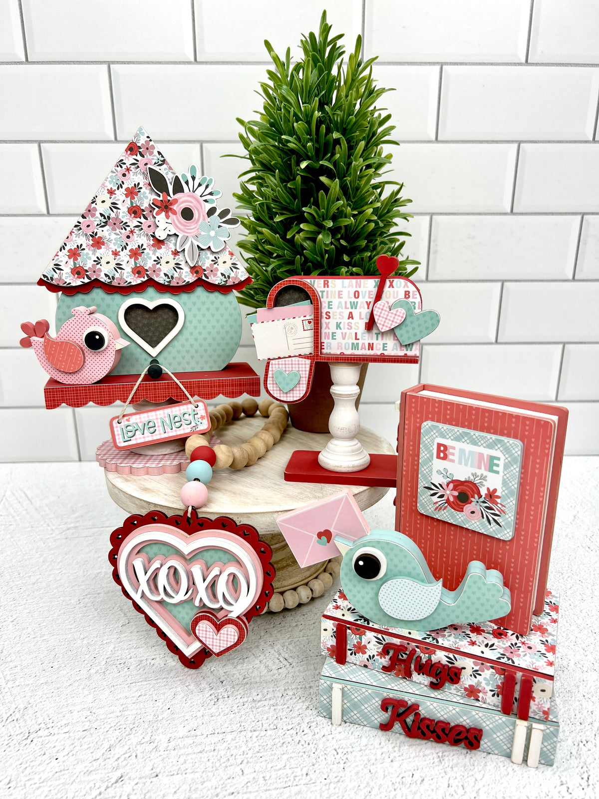 Valentine themed wood decorations for tiered trays, shelf sitters, tabletop decor, and mantels
