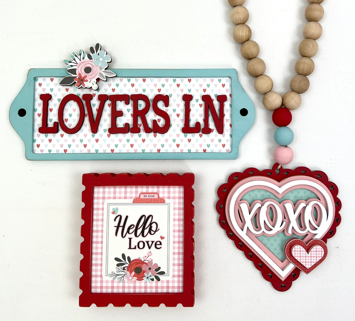 Lovers lane sign, Hello love sign, and hugs and kisses valentine heart wood decorations for styling tiered trays, table tops, shelf sitters, and mantels