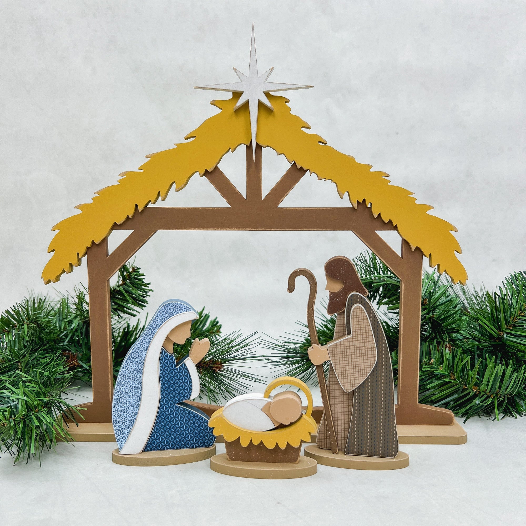 Nativity wood set with manger, Mary, Joseph, and baby Jesus