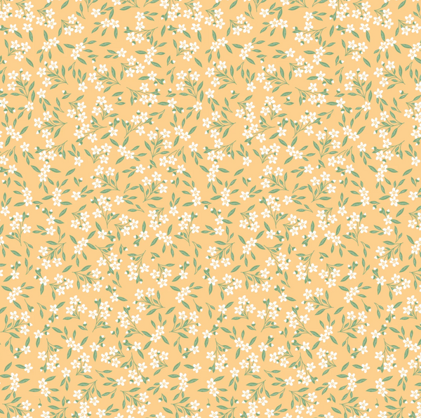 Floral pattern with small beige flowers and green leaves on a goldenrod yellow background