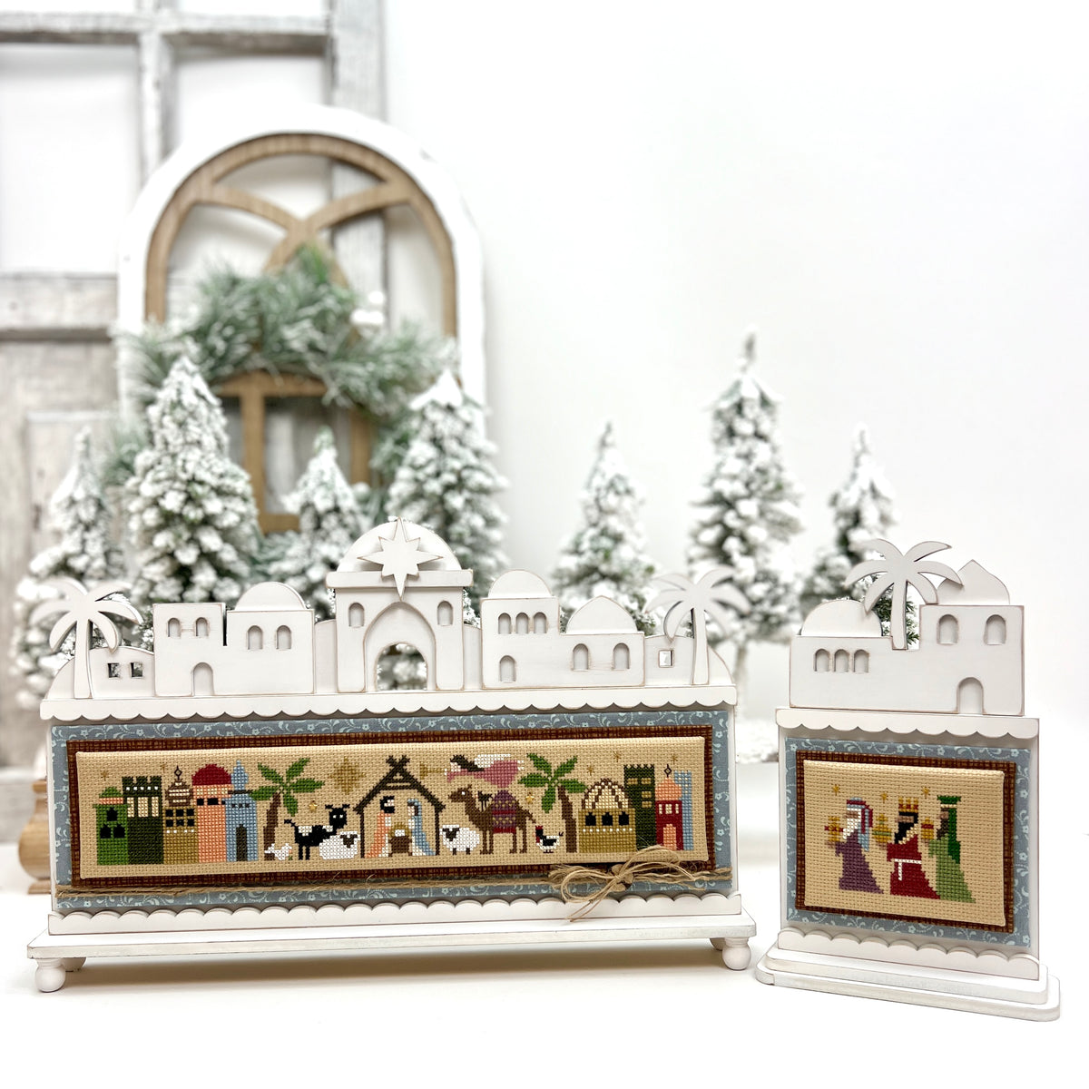 Nativity Tiny Town cross stitch display by Heart in Hand