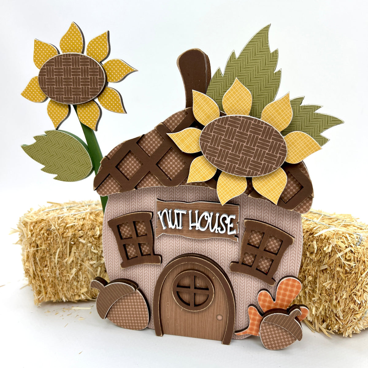Fall acorn that looks like a house with yellow sunflowers wood crafting kit