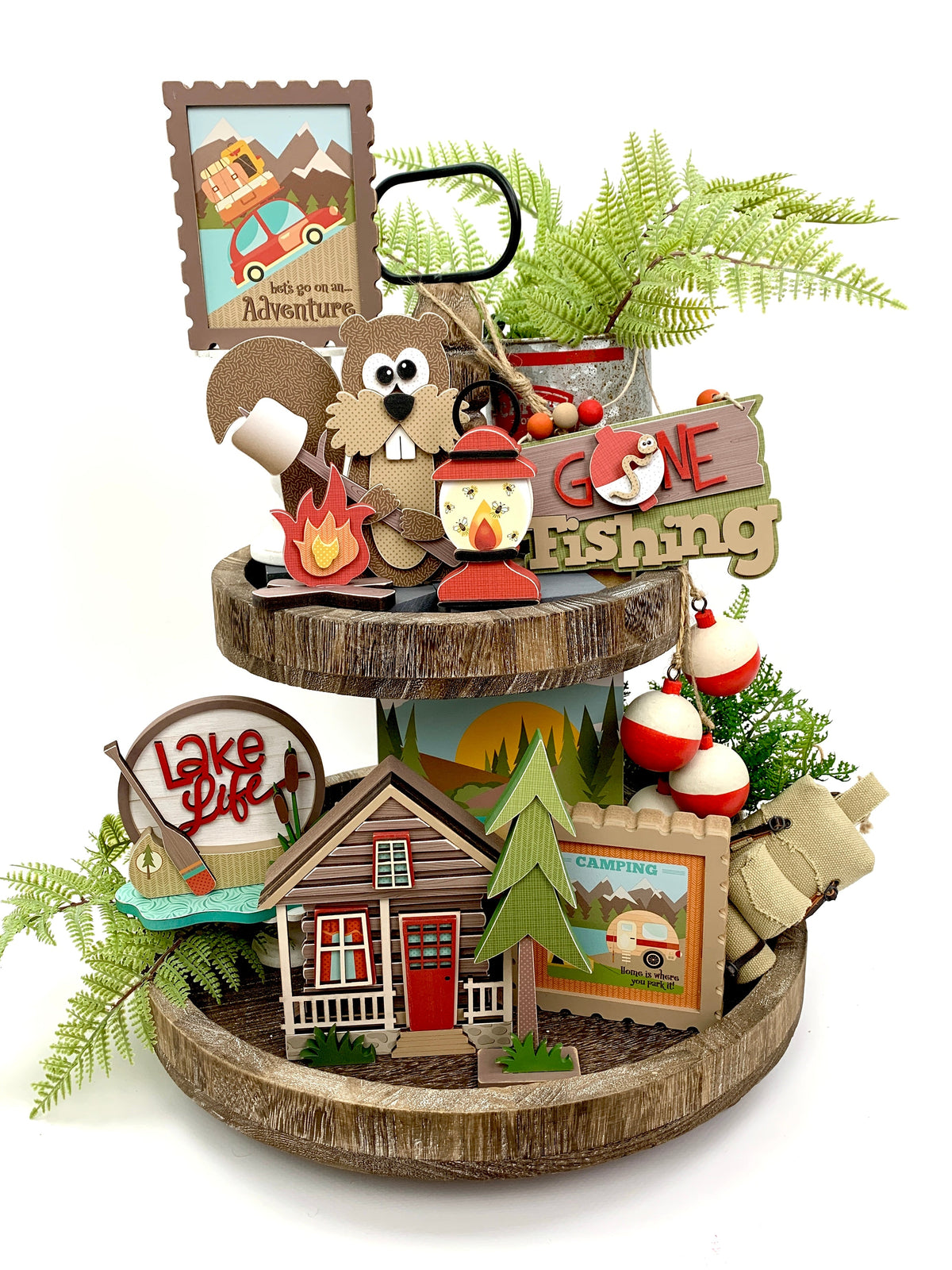 Outdoors and camping themed tiered tray wood decor kits