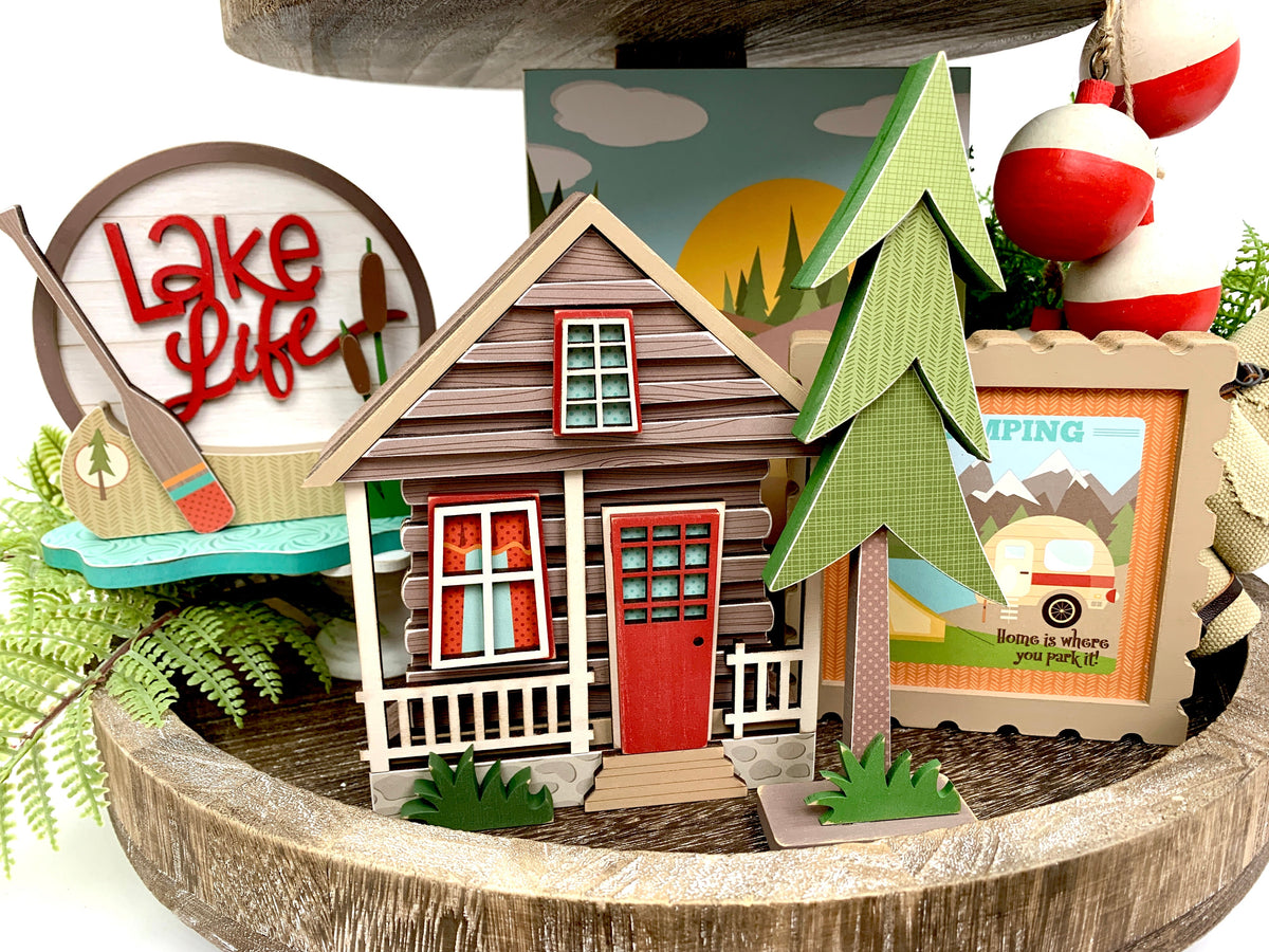 Camping and outdoor themed tiered tray wood decorations 