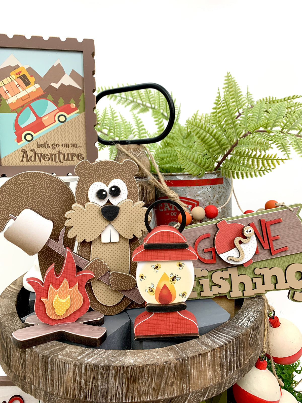 outdoor, camping, and lake life tiered tray wood decorations