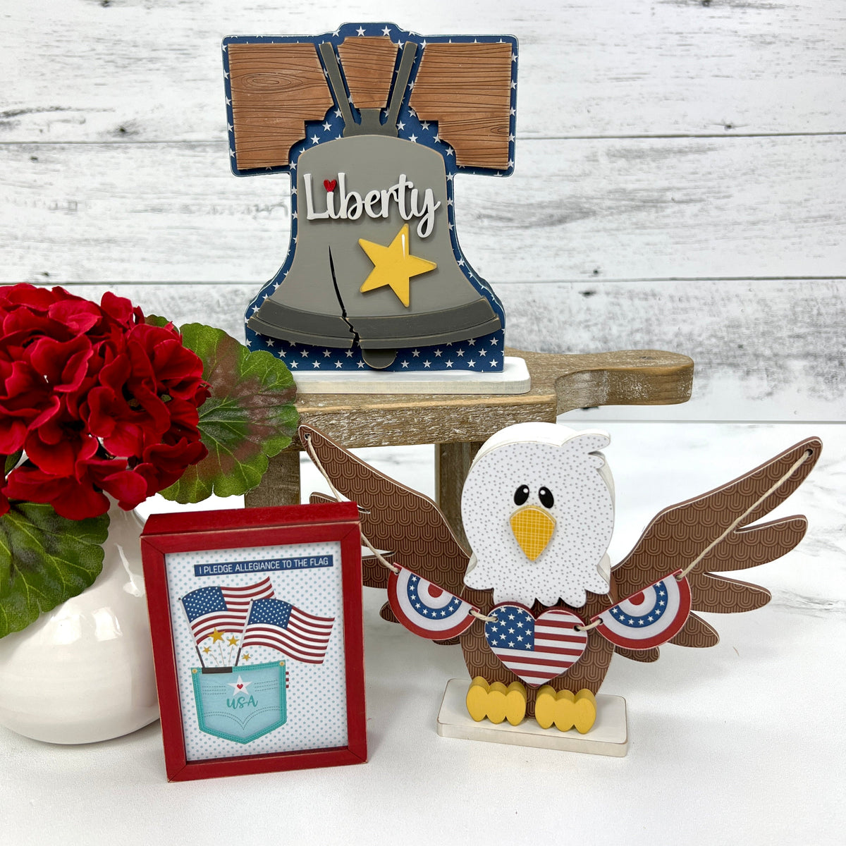 patriotic and 4th of july wood decorations; eagle, statue of liberty, and liberty bell