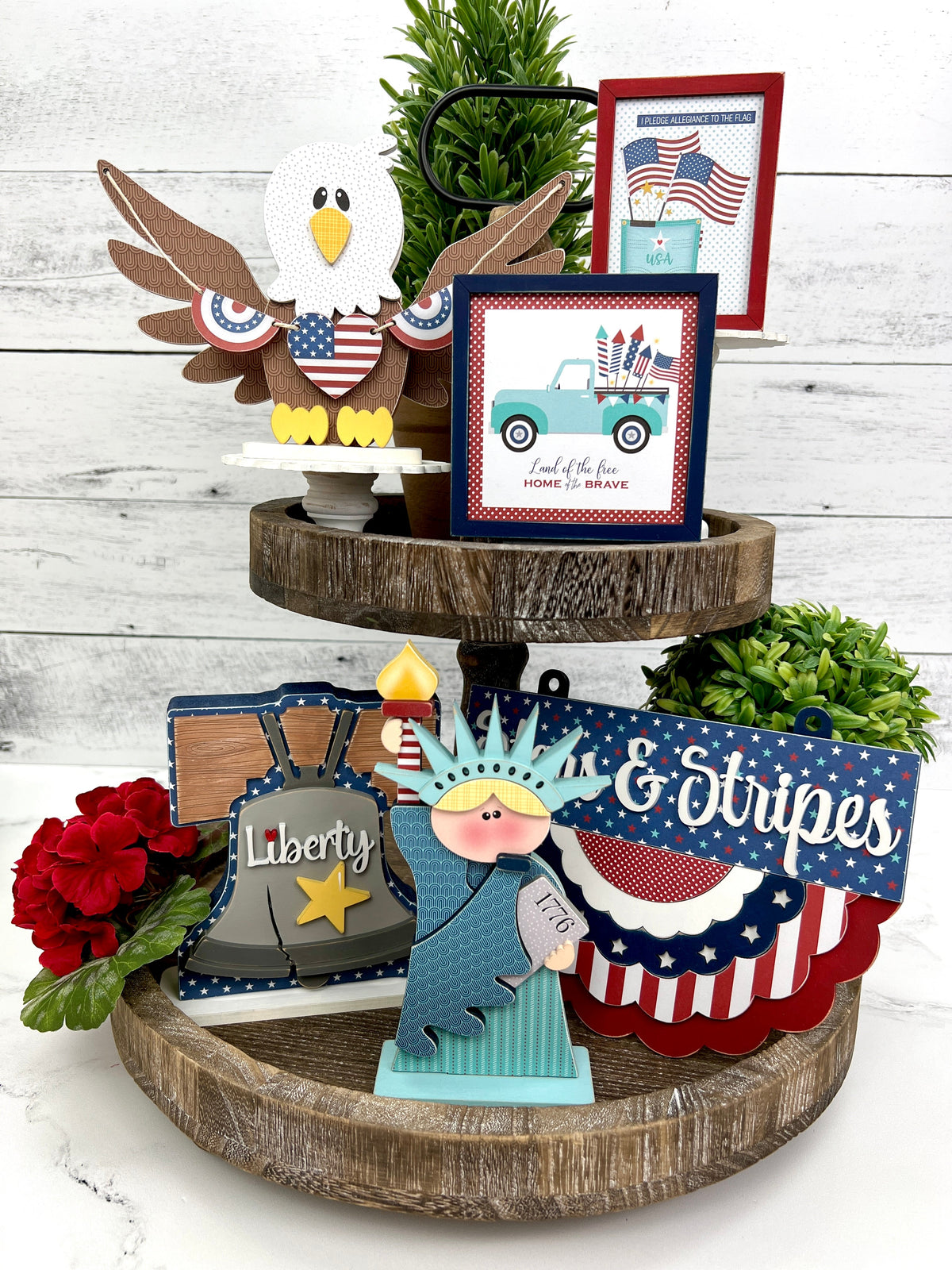 Patriotic and 4th of july tiered tray decorations. Wood crafting kits.