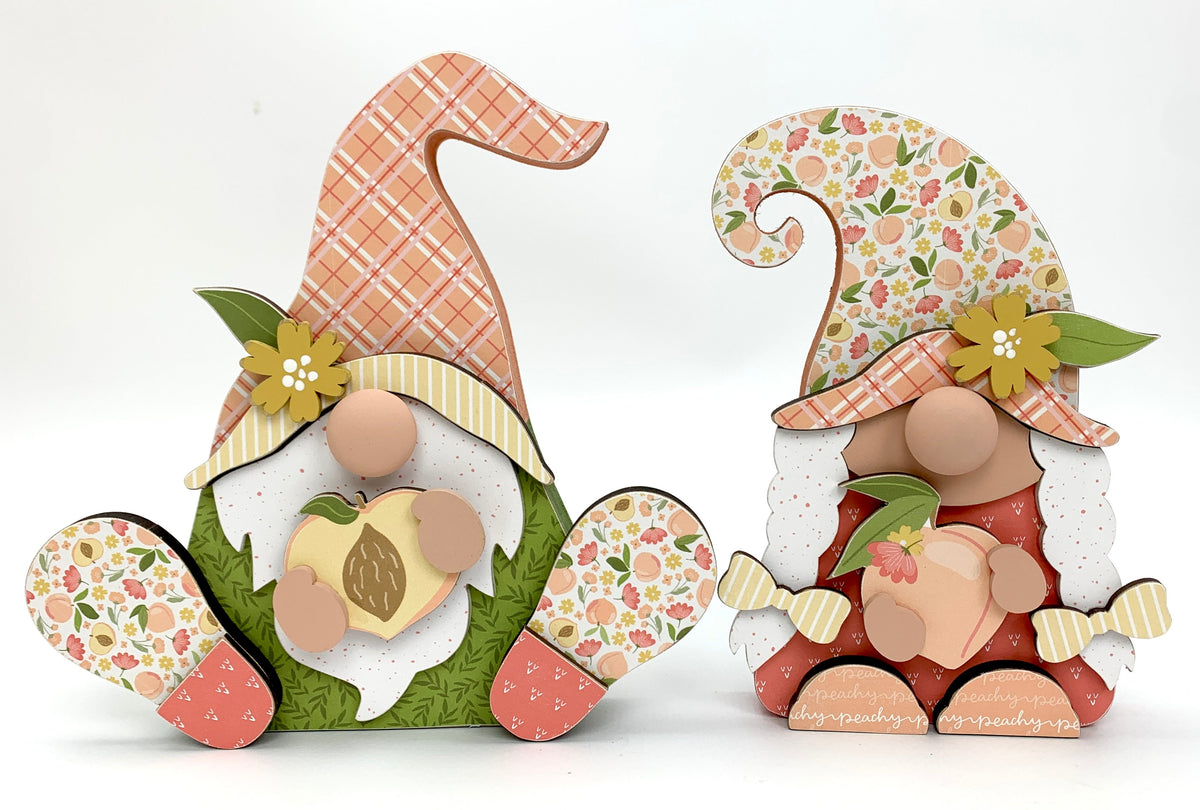 Peach themed gnomes made from wood craft kit
