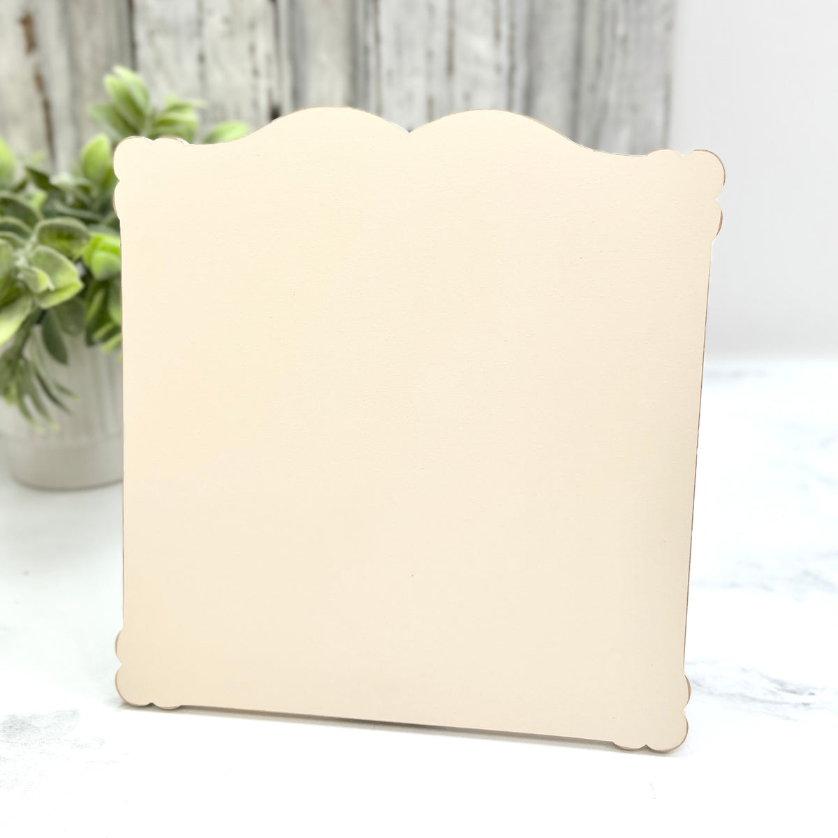 Large Petal Edge Square cross stitch display pre-painted in cream with soft scalloped edges for finished cross stitch pieces up to 7.5 by 7.5 inches.