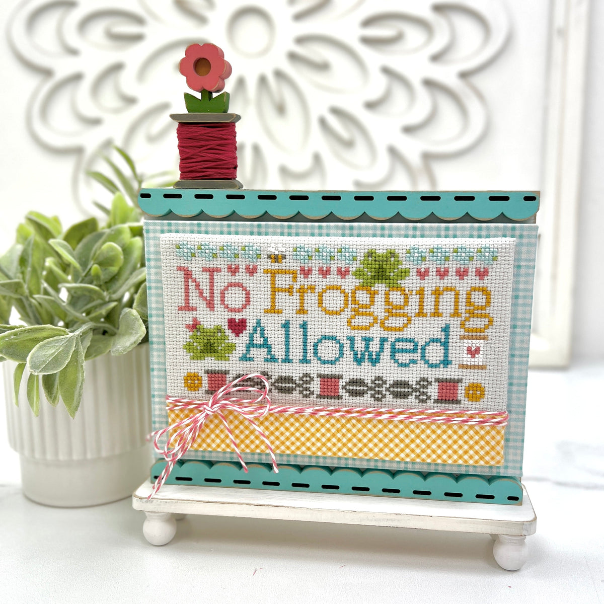 No Frogging Allowed wood cross stitch display with finished cross stitch by Primrose Cottage