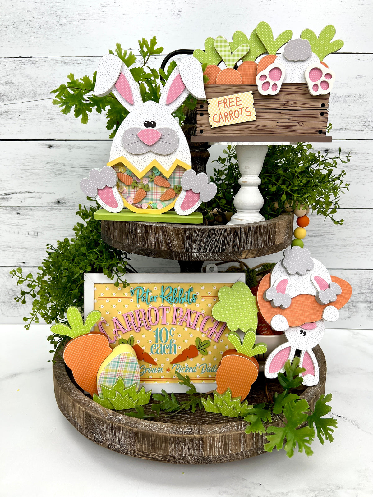 Rae Dunn inspired Easter tiered tray decor with wood bunny decorations
