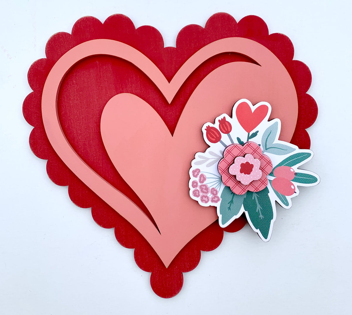 Layered pink and red heart made from MDF wood with a pink and red layered flower. Valentine wood decoration DIY kit.