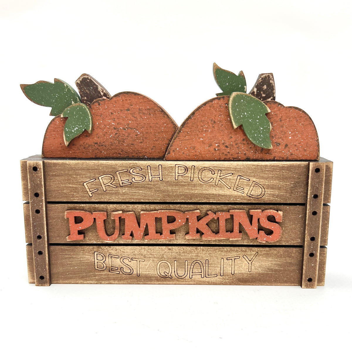 Wooden crate with pumpkins labeled &#39;Fresh Picked Pumpkins Best Quality&#39; on a white background