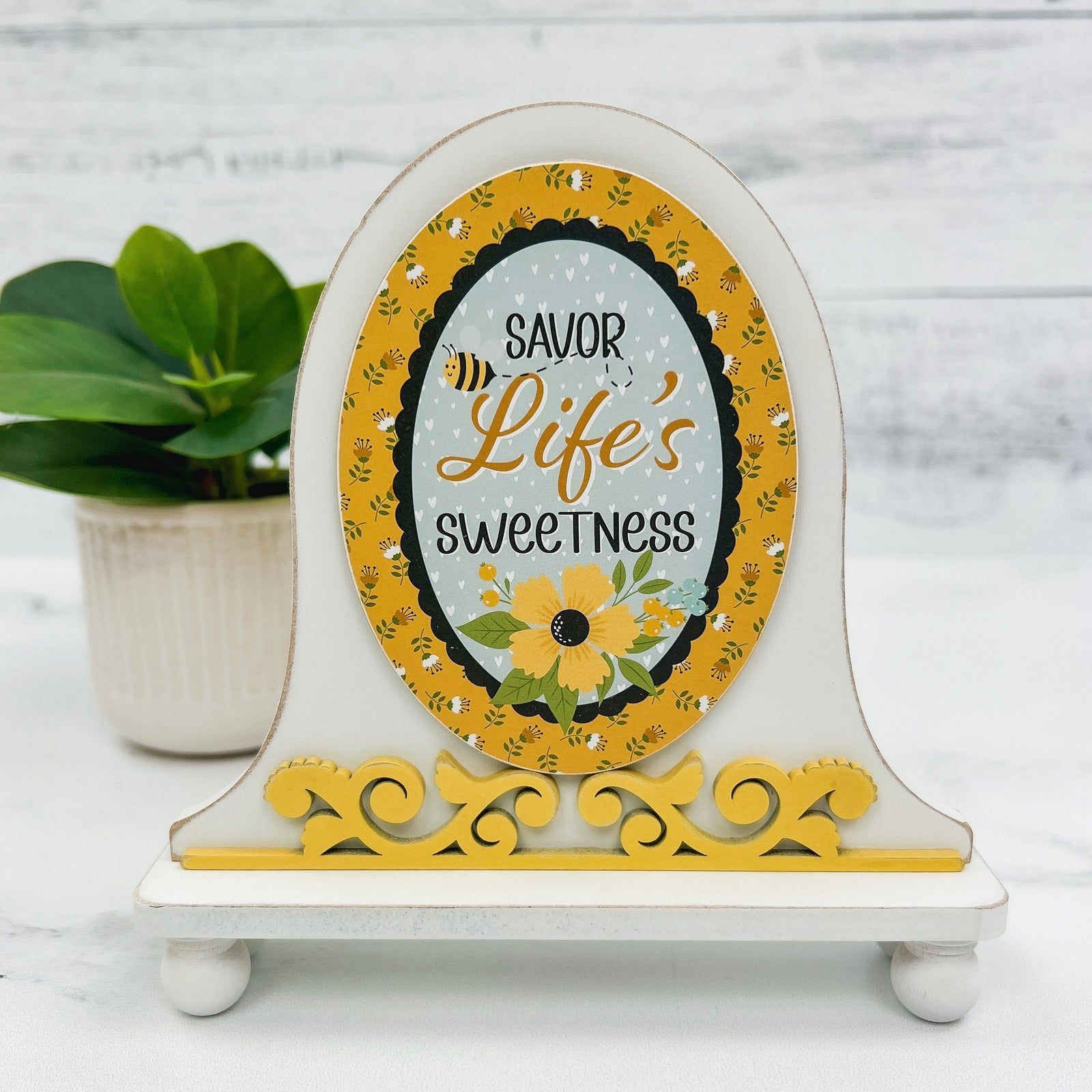 Wood decor sign that says Savor Life's Sweetness with flowers and bumble bees. DIY wood decor craft kit. Crafting blank wood.