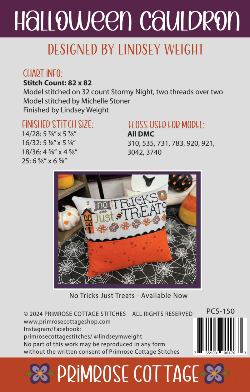 Halloween-themed cross-stitch pattern with a cauldron design, featuring Primrose Cottage Stitches branding.