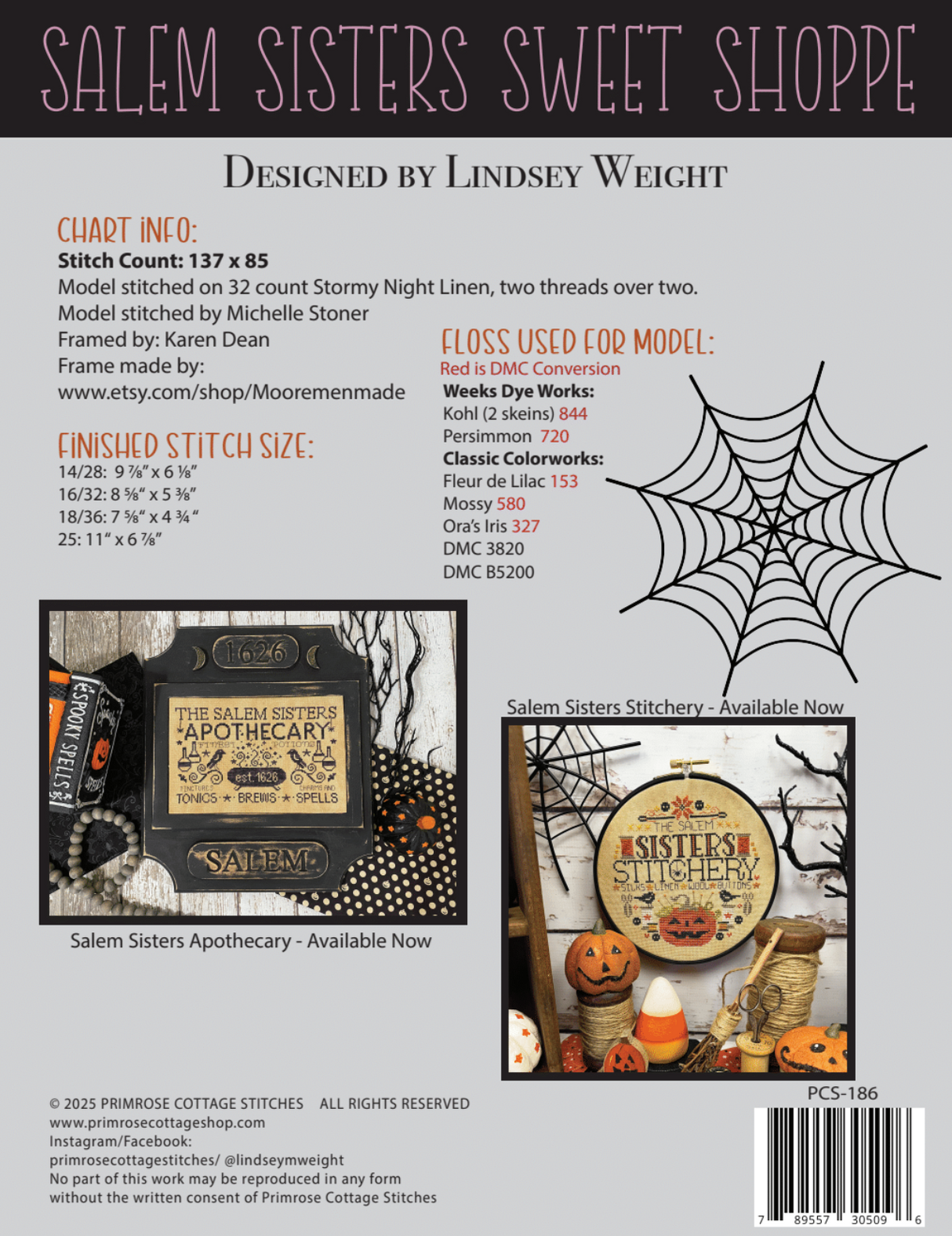 Salem Sisters Sweet Shoppe stitching chart with spider web design and product images.