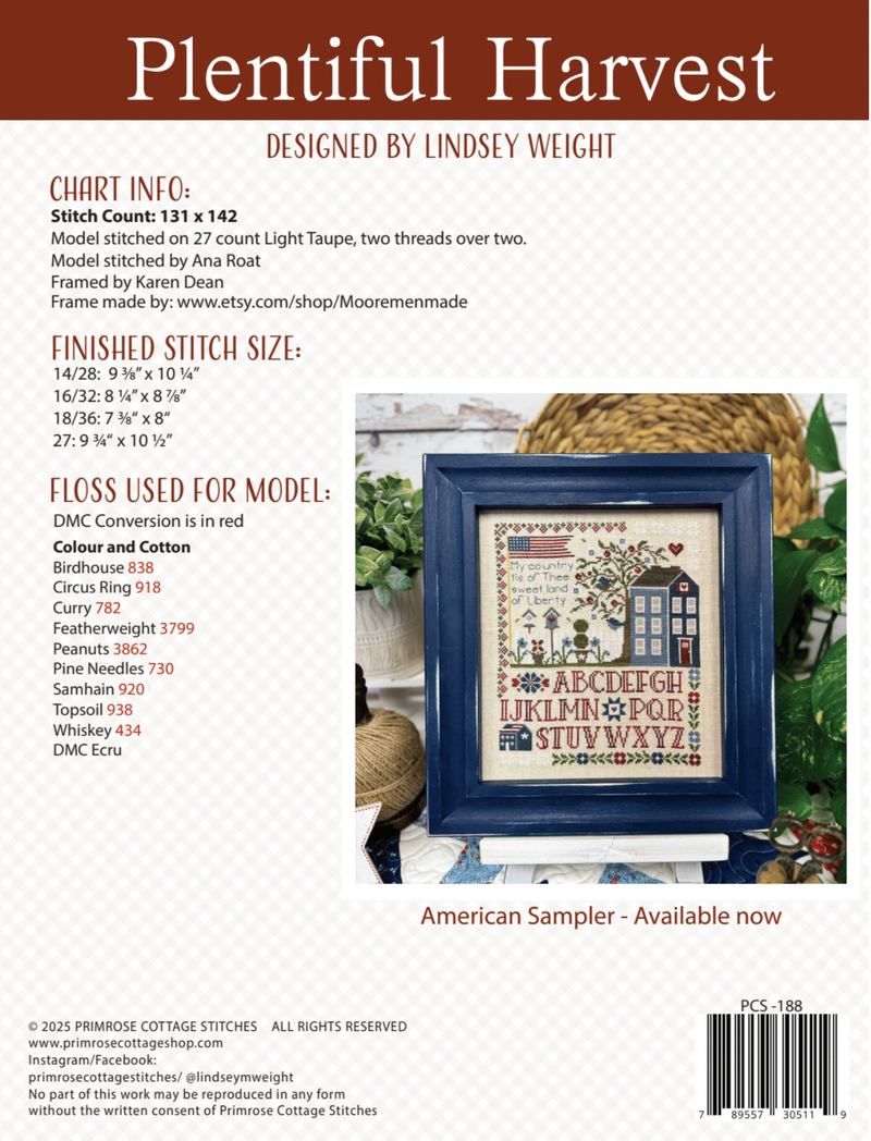 Cross-stitch pattern leaflet titled &#39;Plentiful Harvest&#39; with stitch information and a sample design.