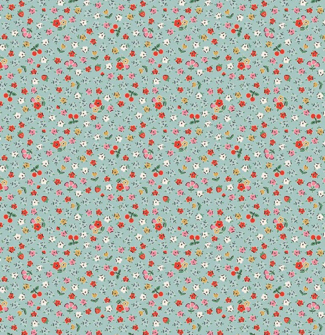Floral pattern with strawberries  on a light blue background