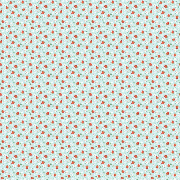Pattern of red strawberries and small white flowers on a light blue background