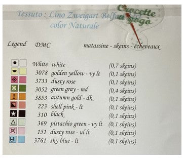 Color chart for embroidery thread with DMC color codes and descriptions