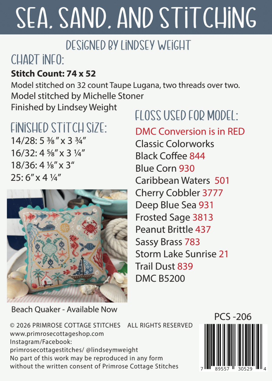 Chart for 'Sea, Sand, and Stitching' design by Primrose Cottage Stitches with stitch count, floss color chart, and product details.