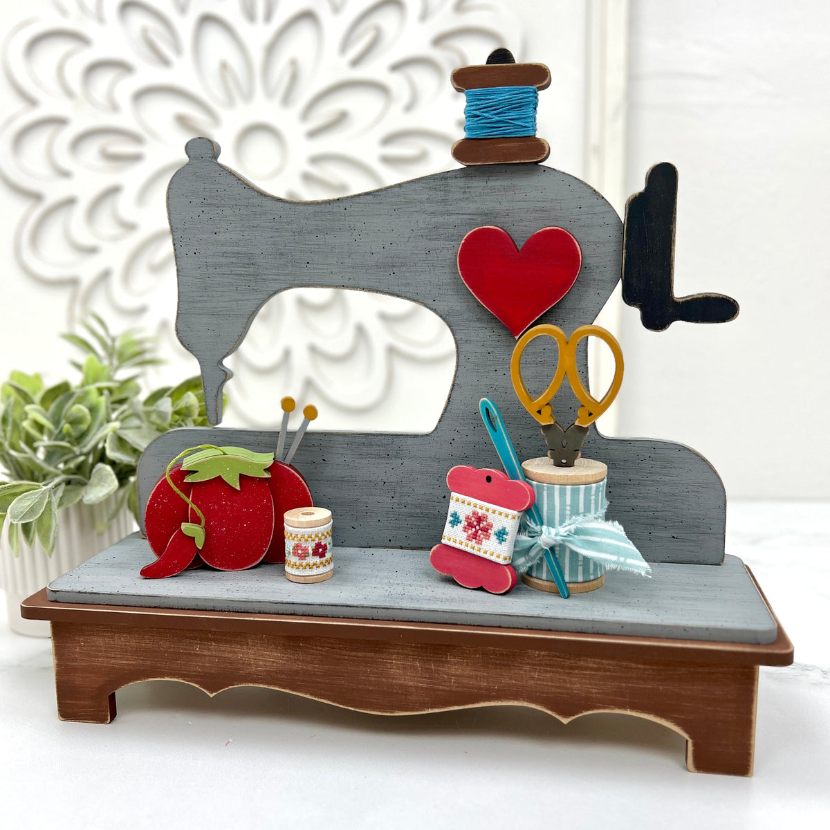 Pattern Sew Machine Display Sewing Machine with Platform Base Cross Stitch Display-Unfinished Wood ...