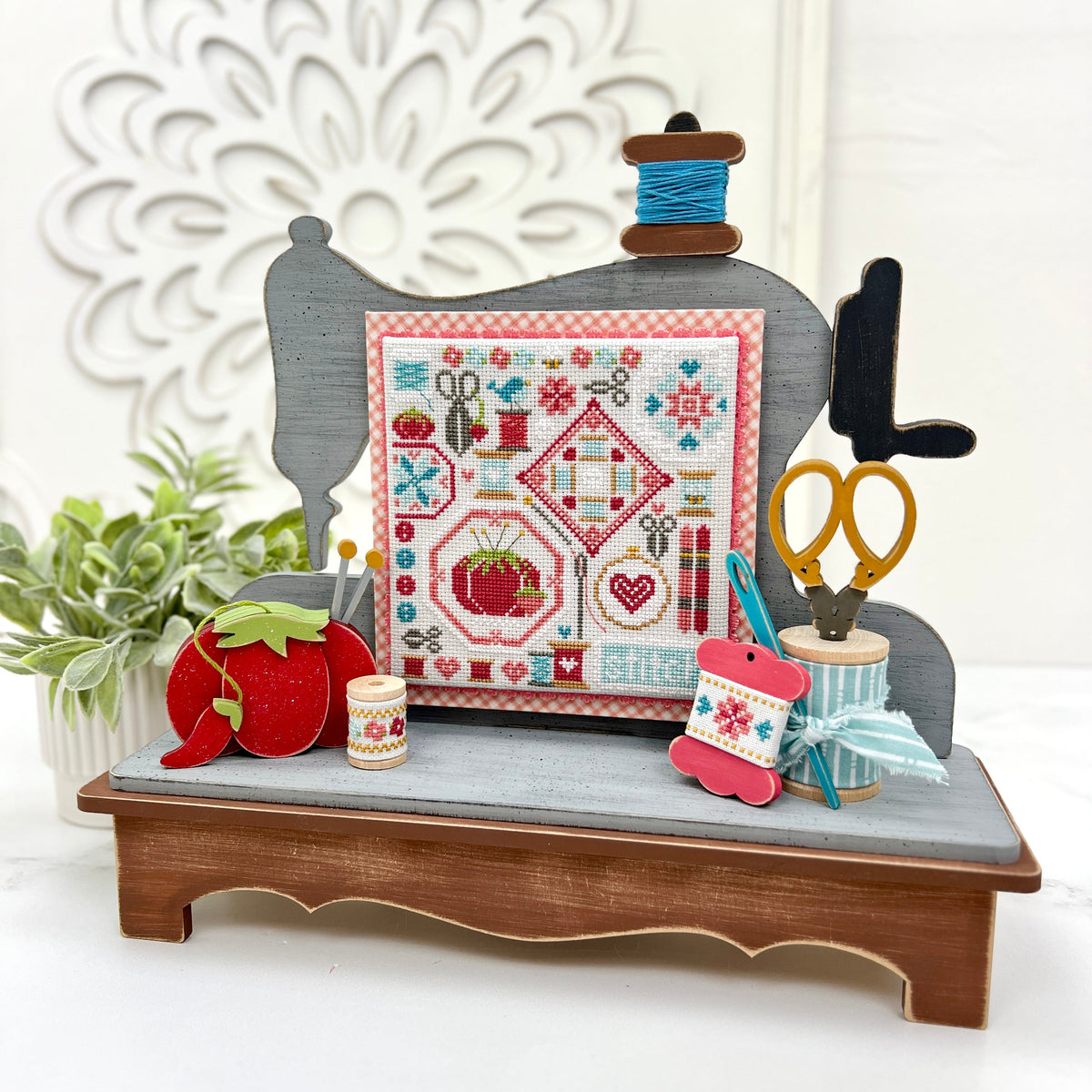 Pattern Sew Machine Display Sewing Machine with Platform Base Cross Stitch Display-Unfinished Wood ...