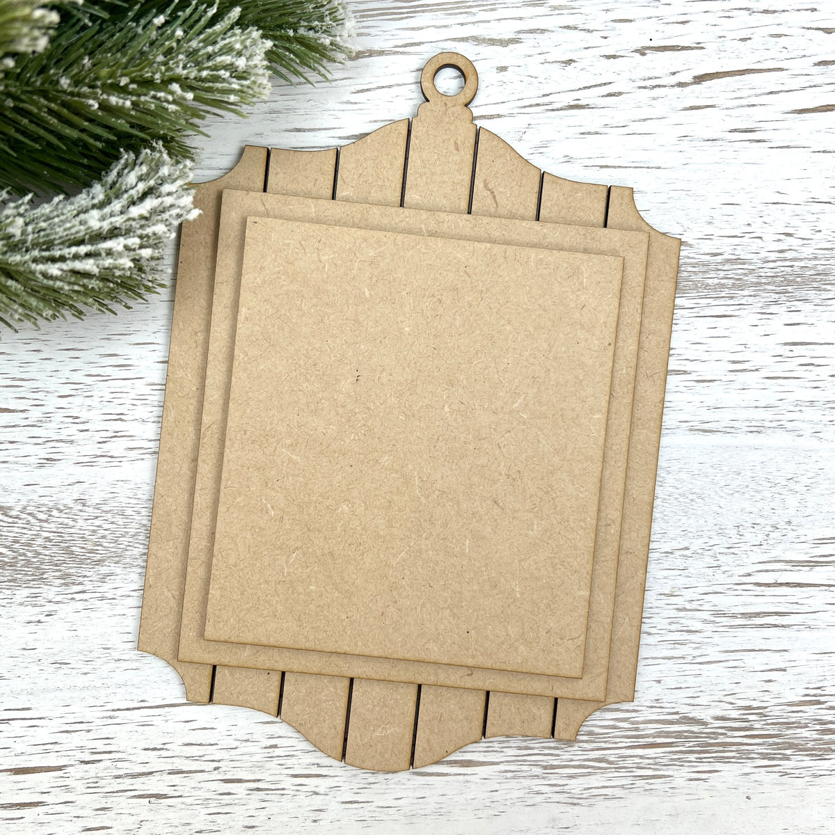 Unpainted 1/8-inch MDF shiplap cross stitch ornament display with two layered finishing boards for mounting a small stitched piece and fabric backing