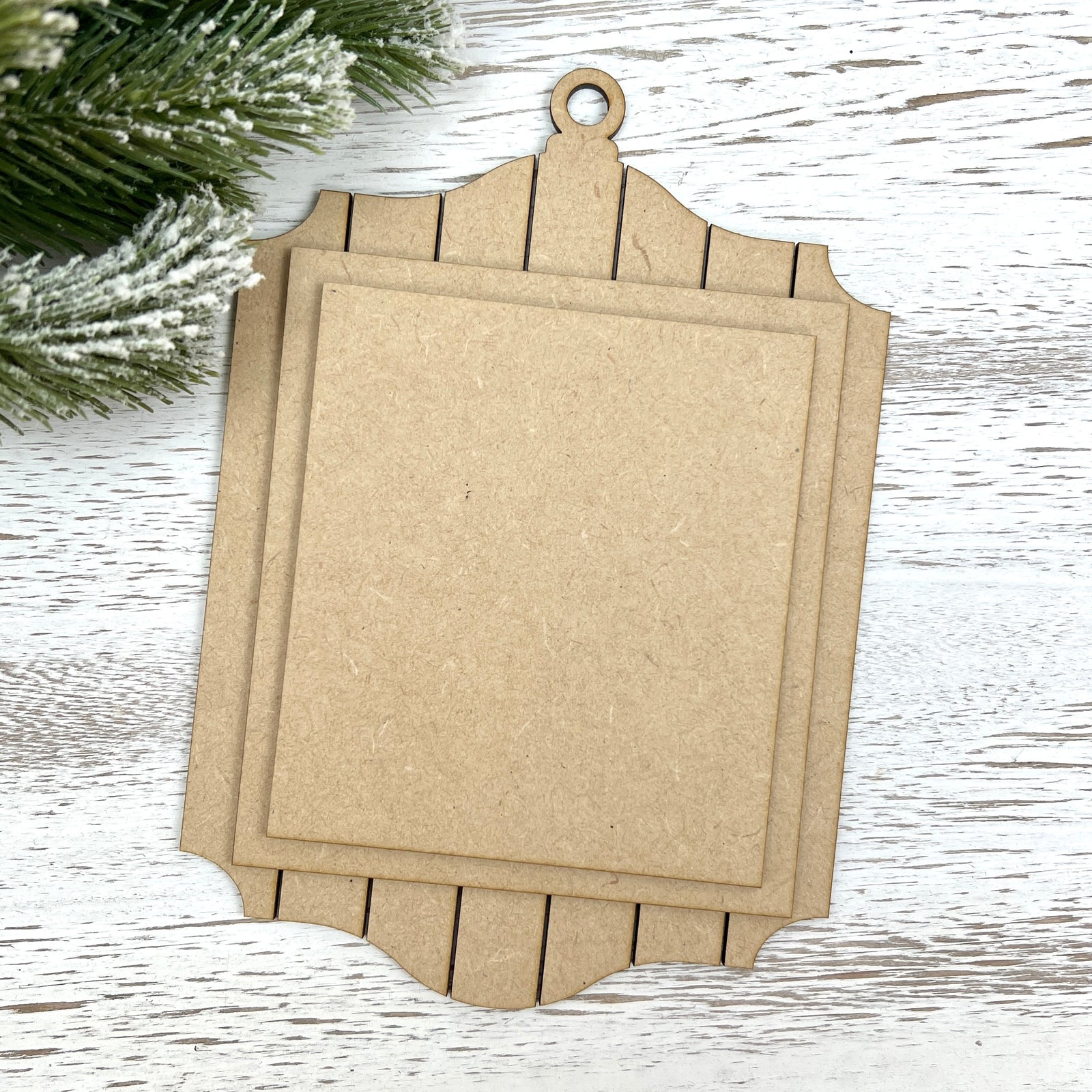 Unpainted 1/8-inch MDF shiplap cross stitch ornament display with two layered finishing boards for mounting a small stitched piece and fabric backing
