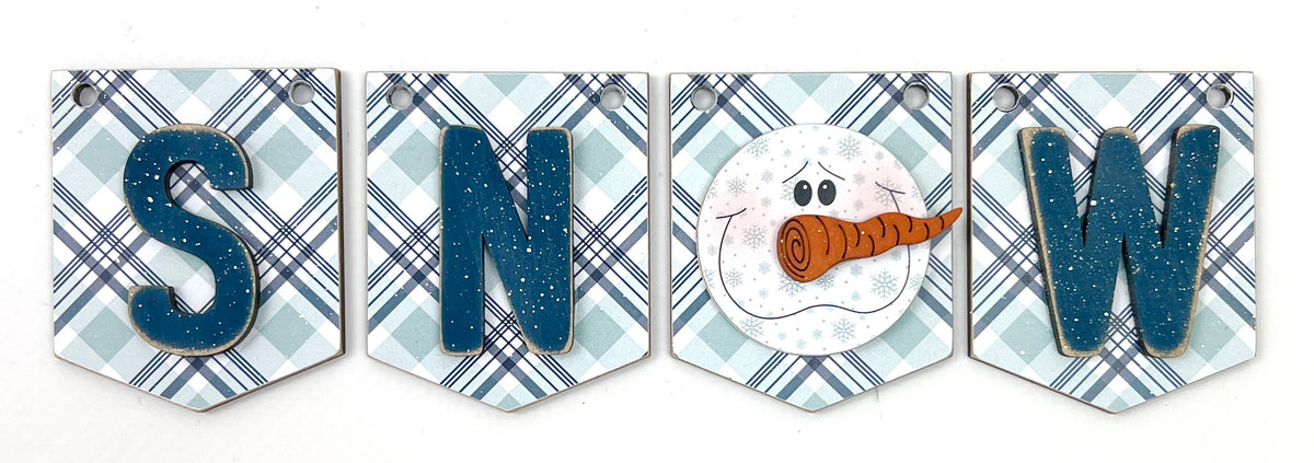 Decorative banner with letters 'S', 'N', 'O', 'W' and a snowman design on a plaid background.