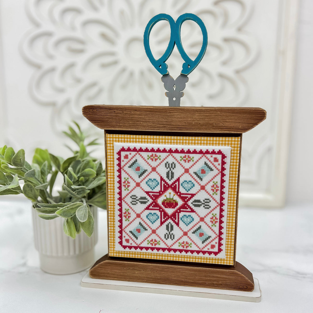 Spool and scissors wood cross stitch display with stitching quilt cross stitch by Primrose Cottage