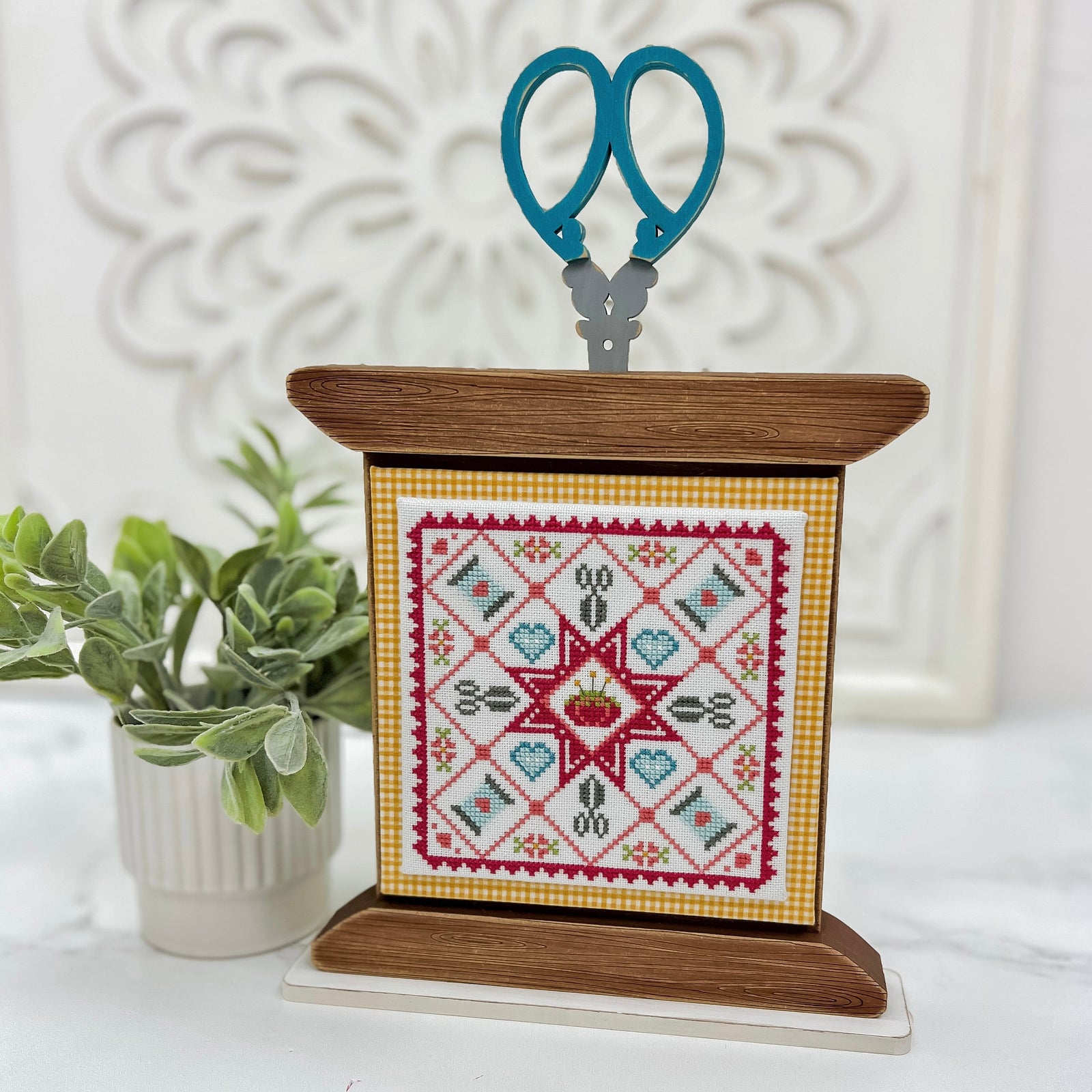 Spool and scissors wood cross stitch display with stitching quilt cross stitch by Primrose Cottage