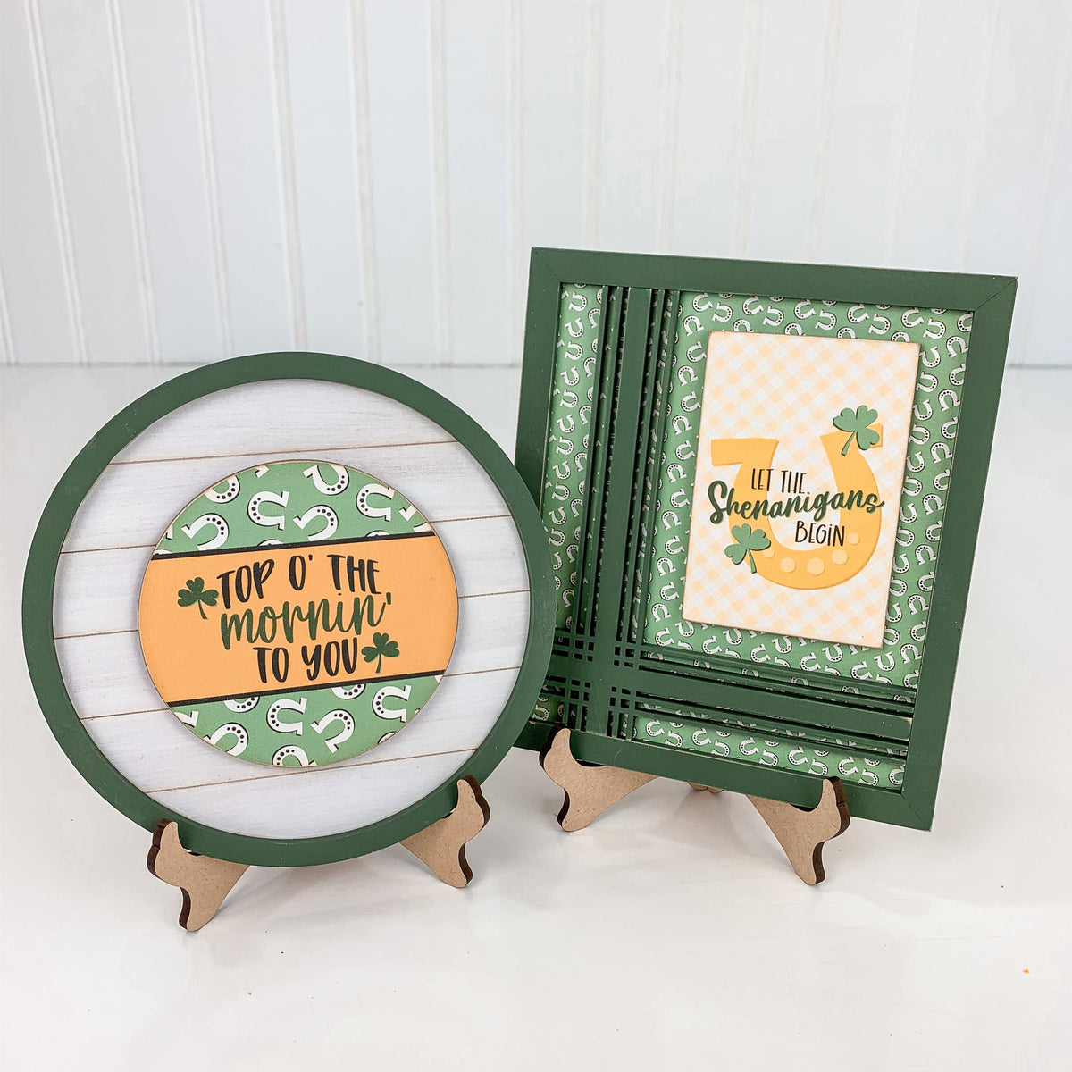 Small wood plate holder for displaying small signs. For use with styling tiered trays, mantels, and shelves.  St Patrick&#39;s small wood signs.  Top O&#39; the mornin to you. Let the Shenanigans begin sign