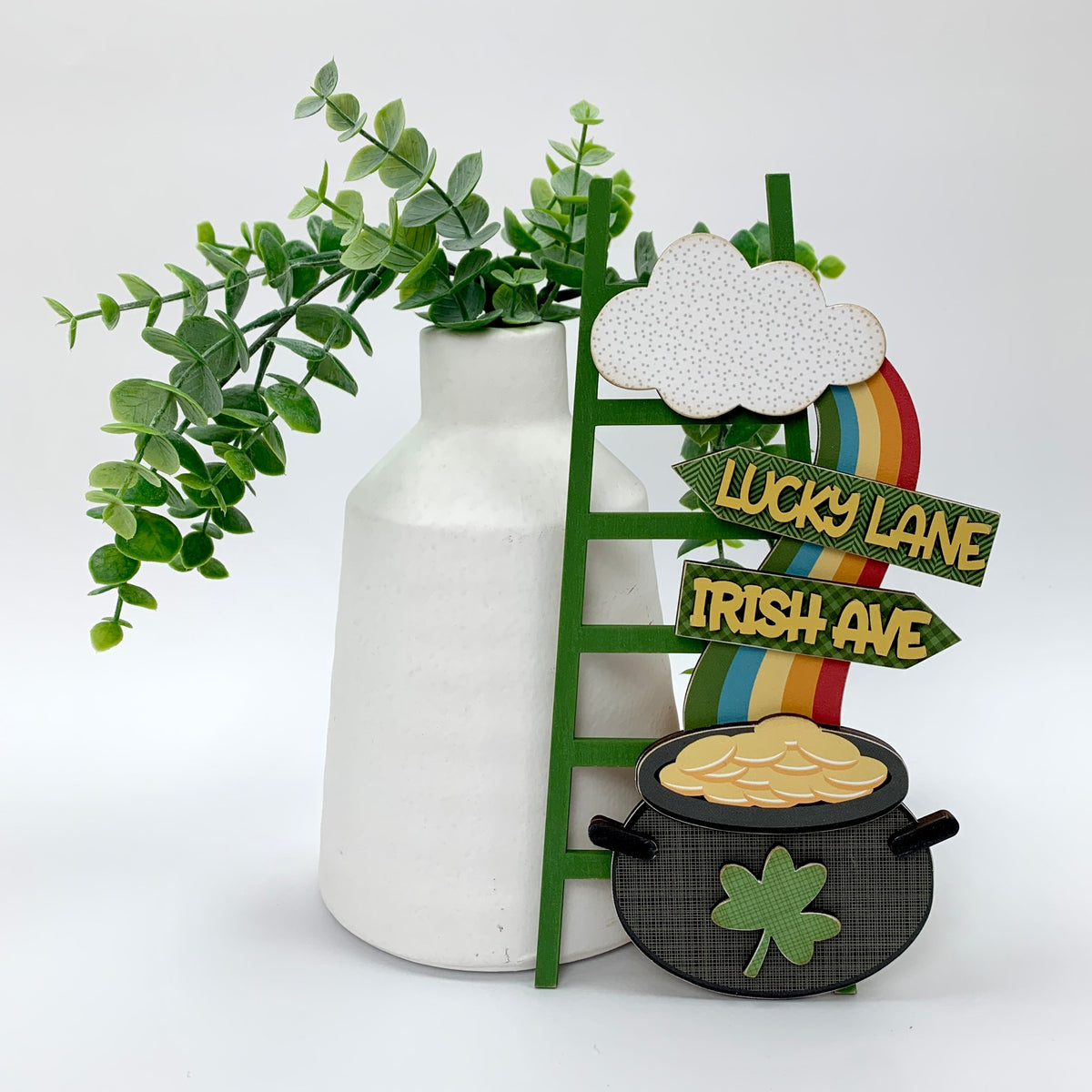 St. Patrick&#39;s wood decor Pot O&#39;Gold with rainbow tiered tray ladder. 