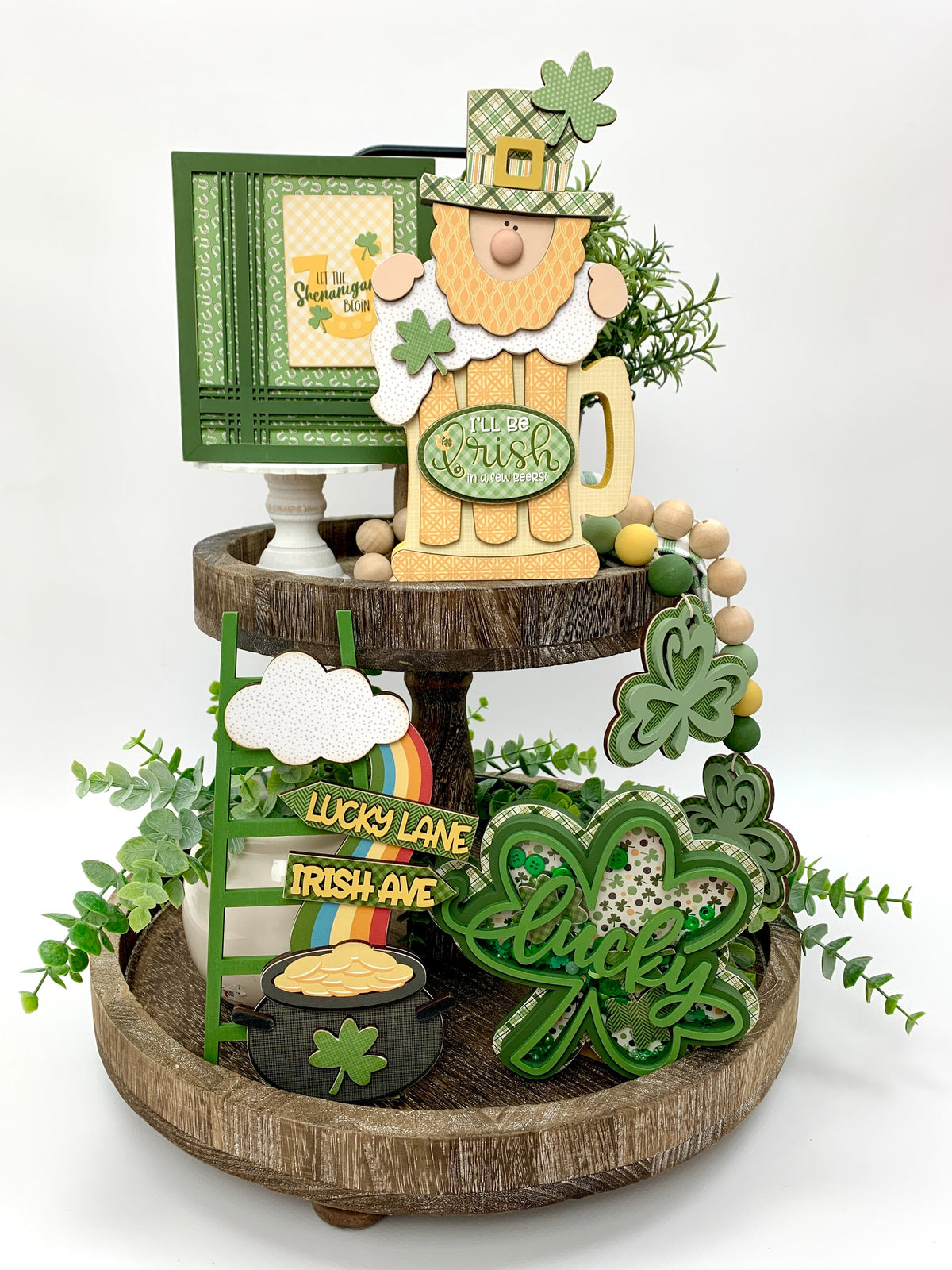St. Patrick&#39;s Leprechaun with beer wood decoration on tiered tray
