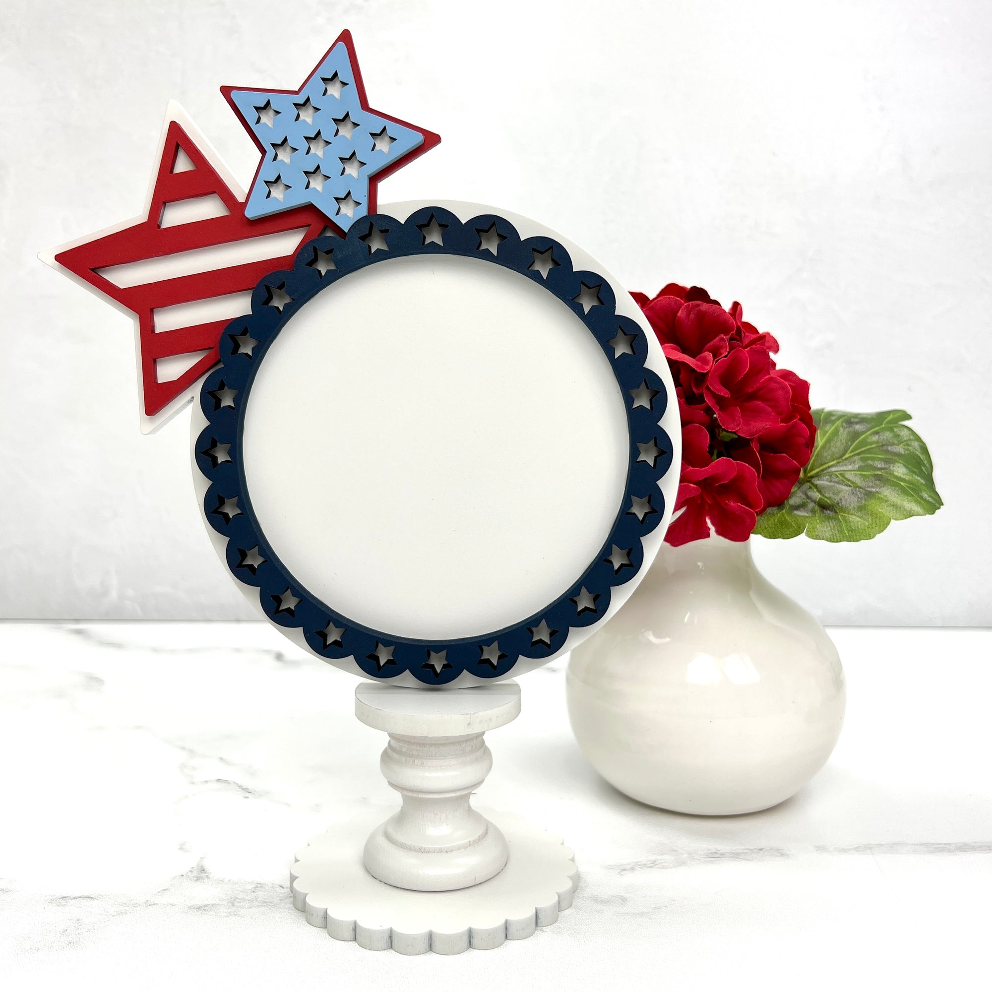 Patriotic and 4th of july themed wood decor cross stitch display holder. 