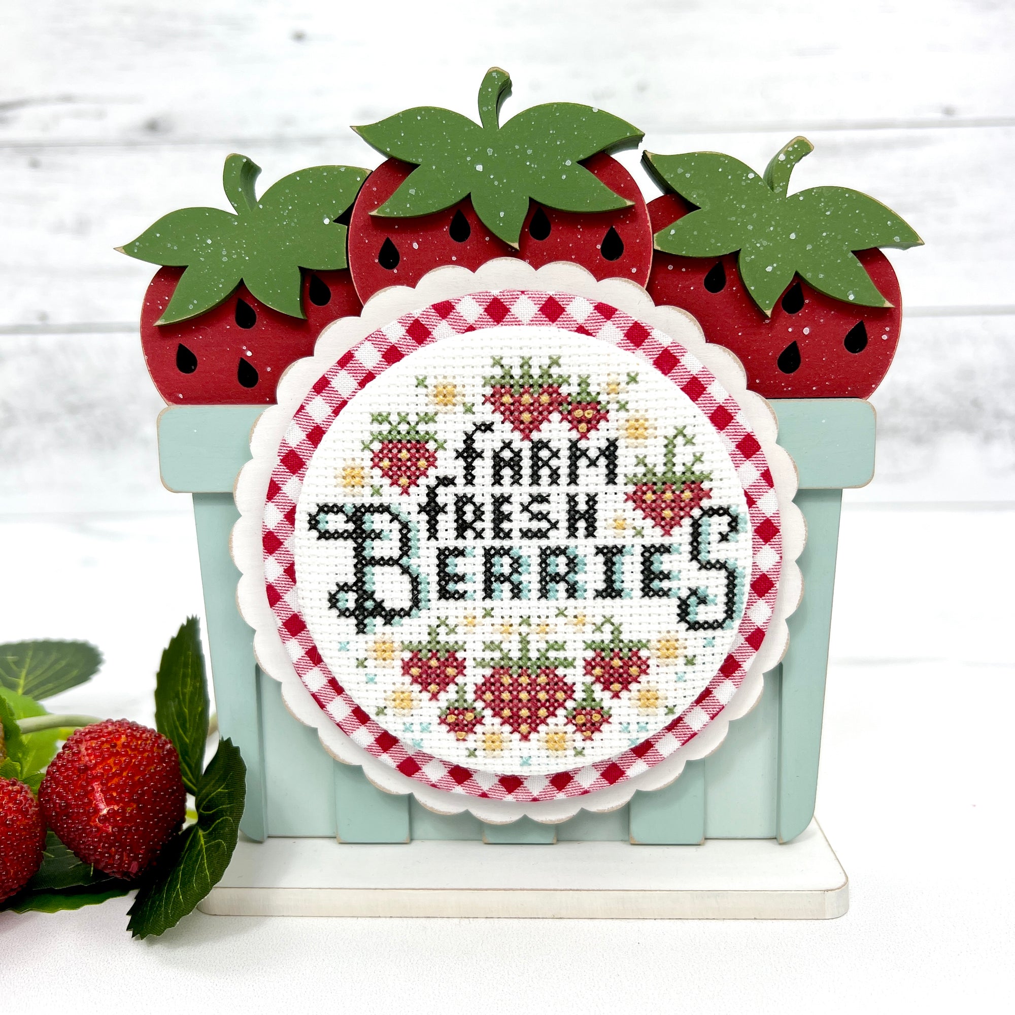 Strawberry basket wood cross stitch display