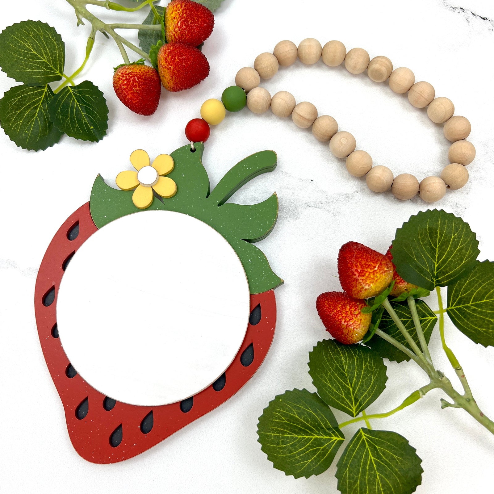Strawberry garland with wood beads for displaying finished cross stitch pieces